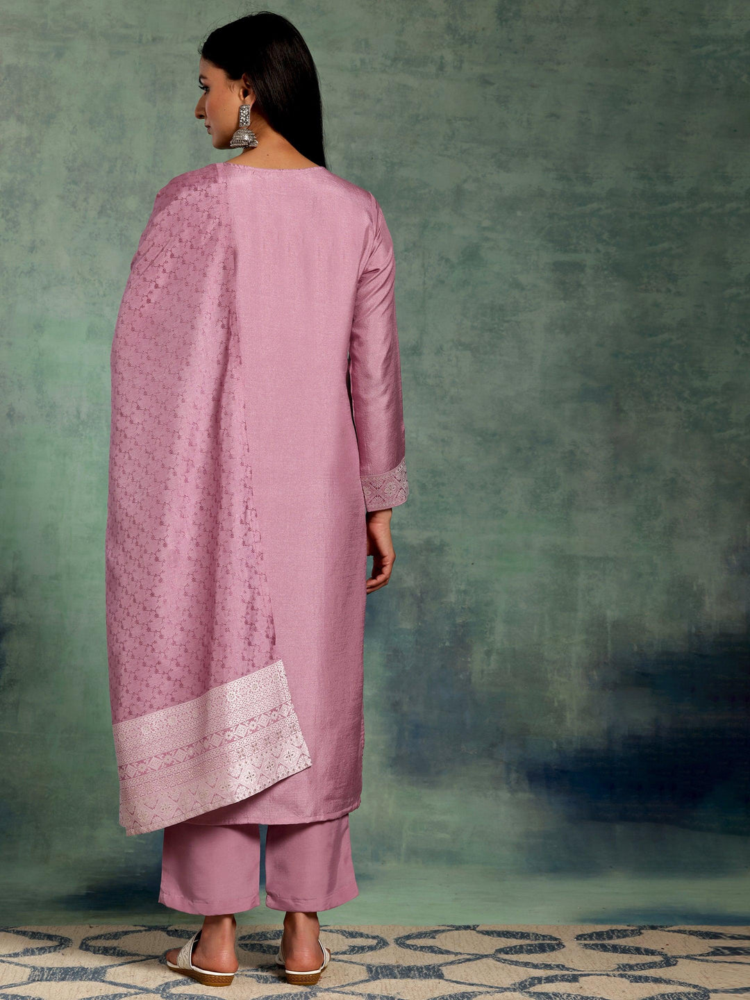 Lilac Woven Design Silk Blend Straight Suit With Dupatta - Libas