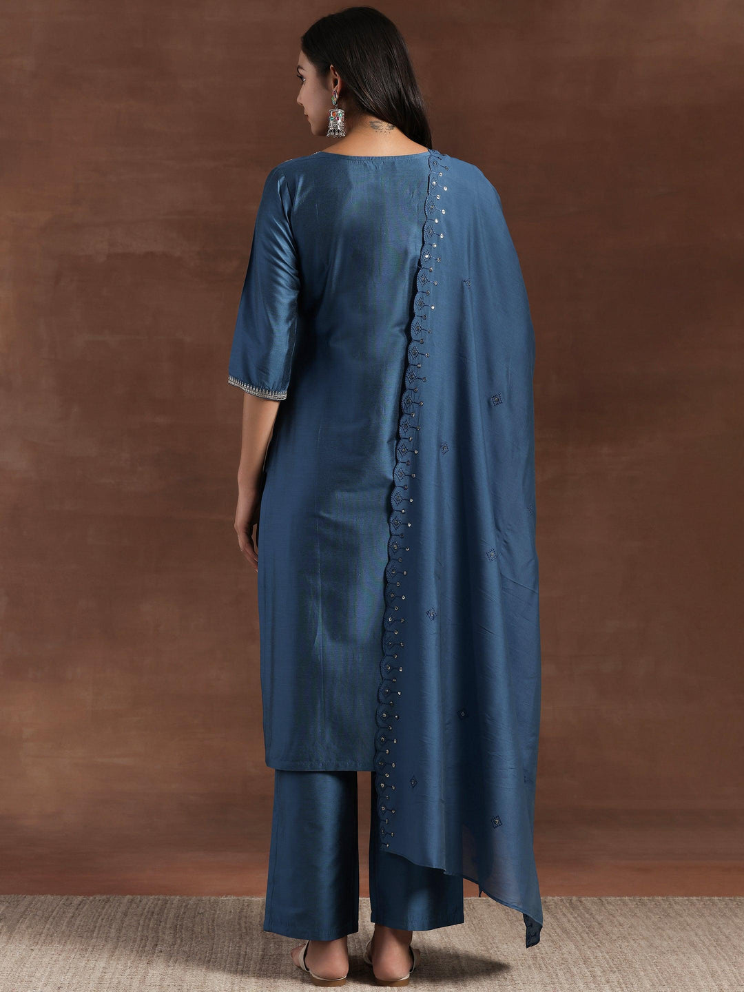 Blue Embroidered Silk Blend Straight Suit With Dupatta - Libas 