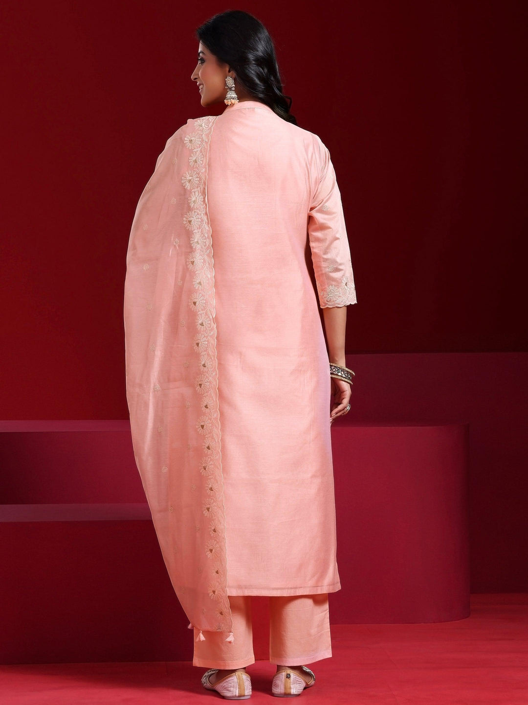 Libas Art Pink Embroidered Chanderi Silk Straight Suit With Dupatta - Libas