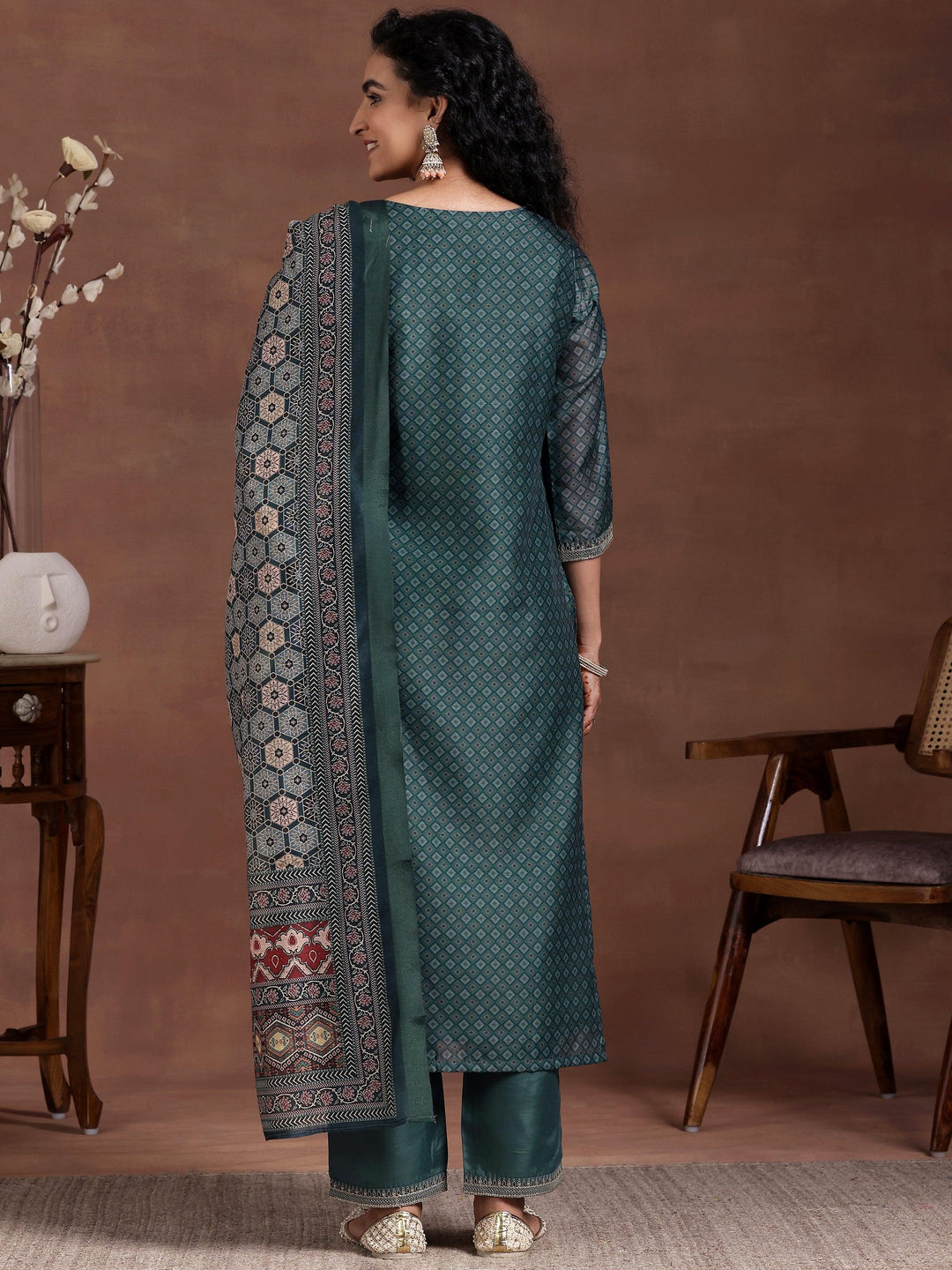 Teal Printed Silk Blend Straight Suit With Dupatta - Libas