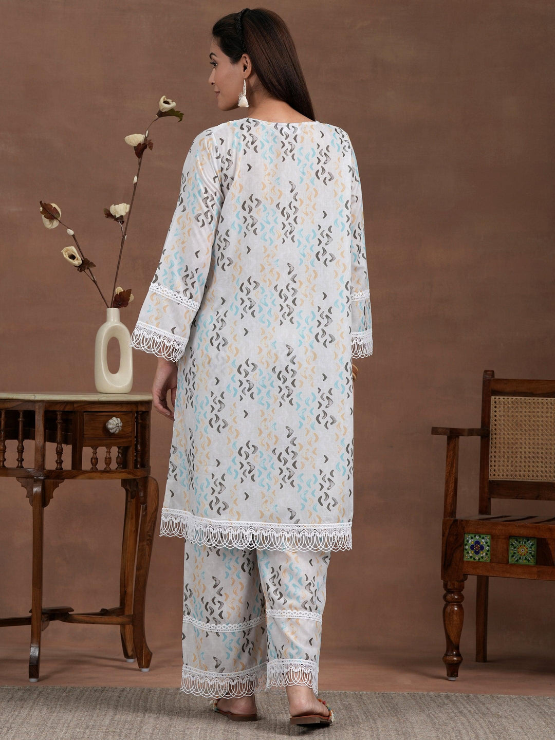 Off white Printed Cotton A-Line Kurta With Palazzos - Libas 