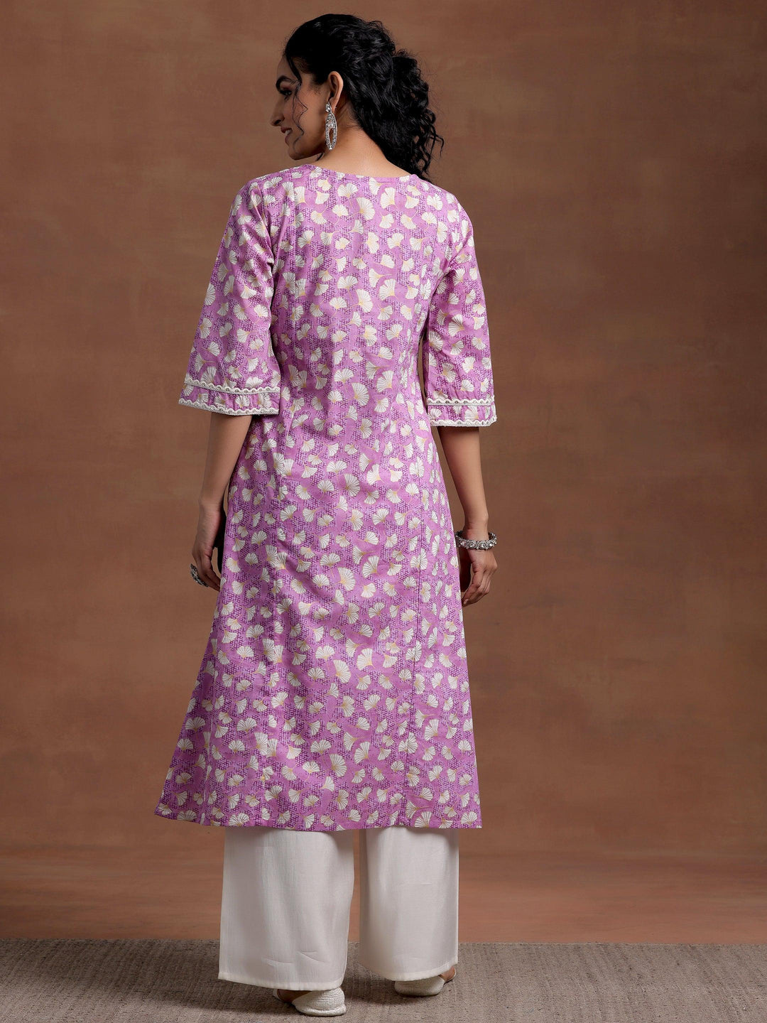 Purple Printed Cotton A-Line Kurta - Libas