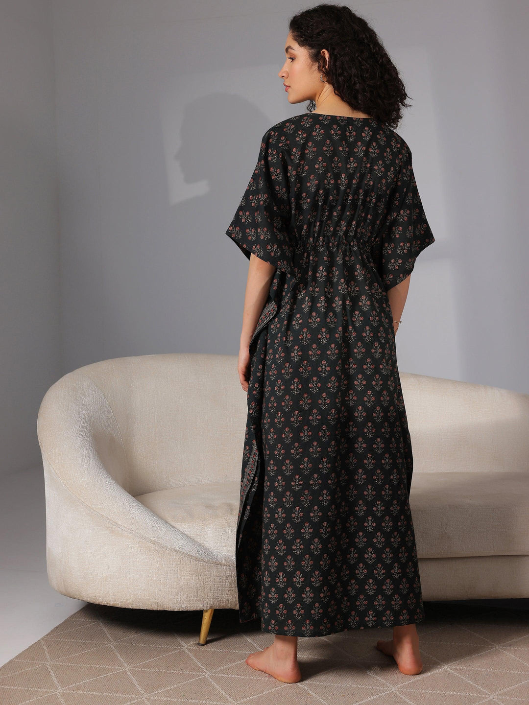 Dark Green Printed Cotton Kaftan Night Dress - Libas 