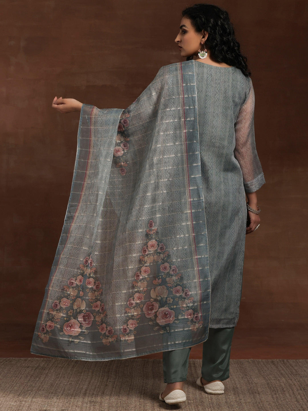 Green Printed Organza Straight Suit With Dupatta - Libas 