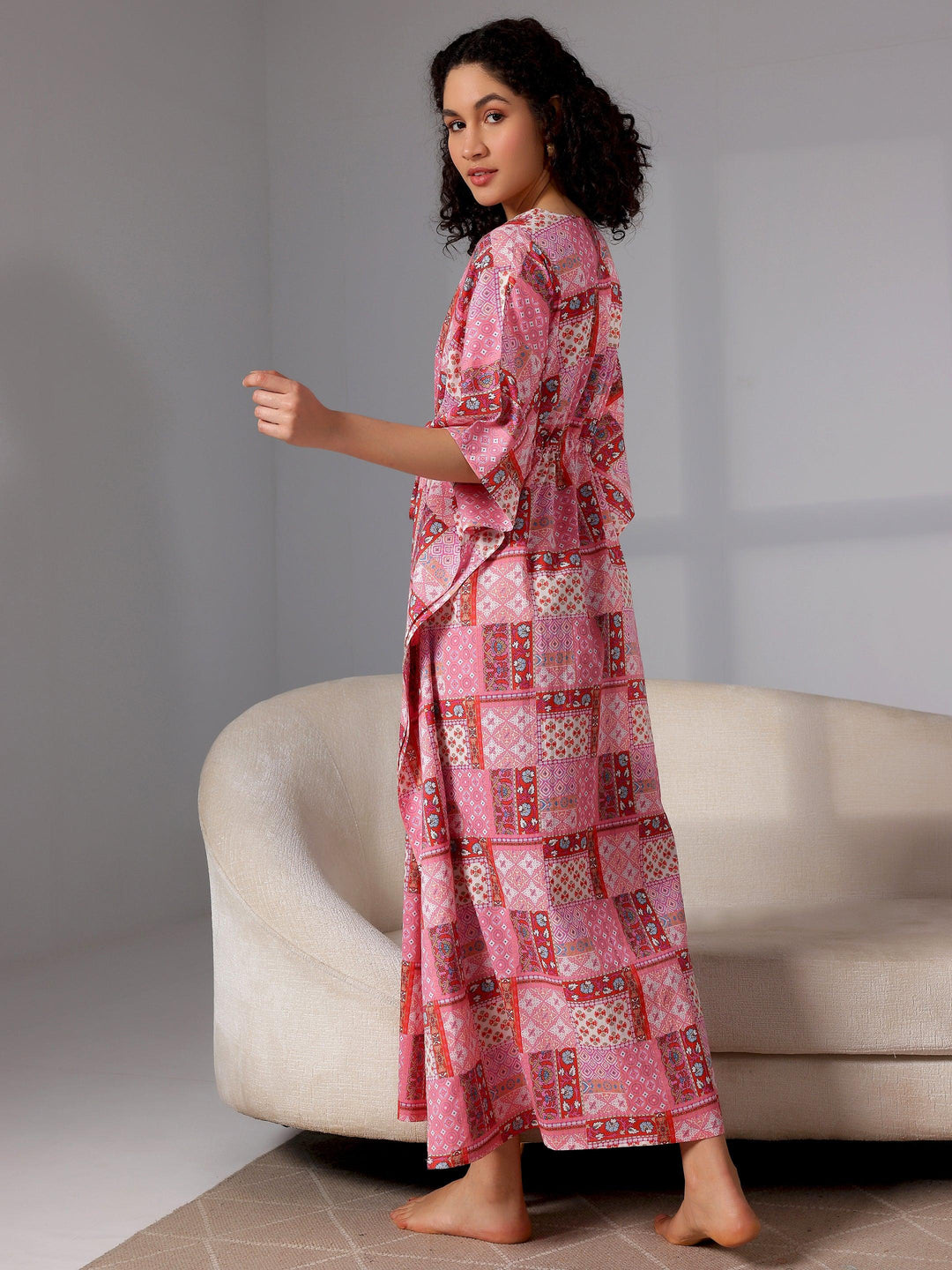 Pink Printed Cotton Kaftan Night Dress - Libas 