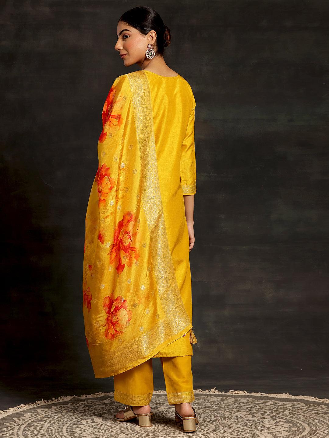 Mustard Woven Design Silk Blend Straight Suit With Dupatta - Libas