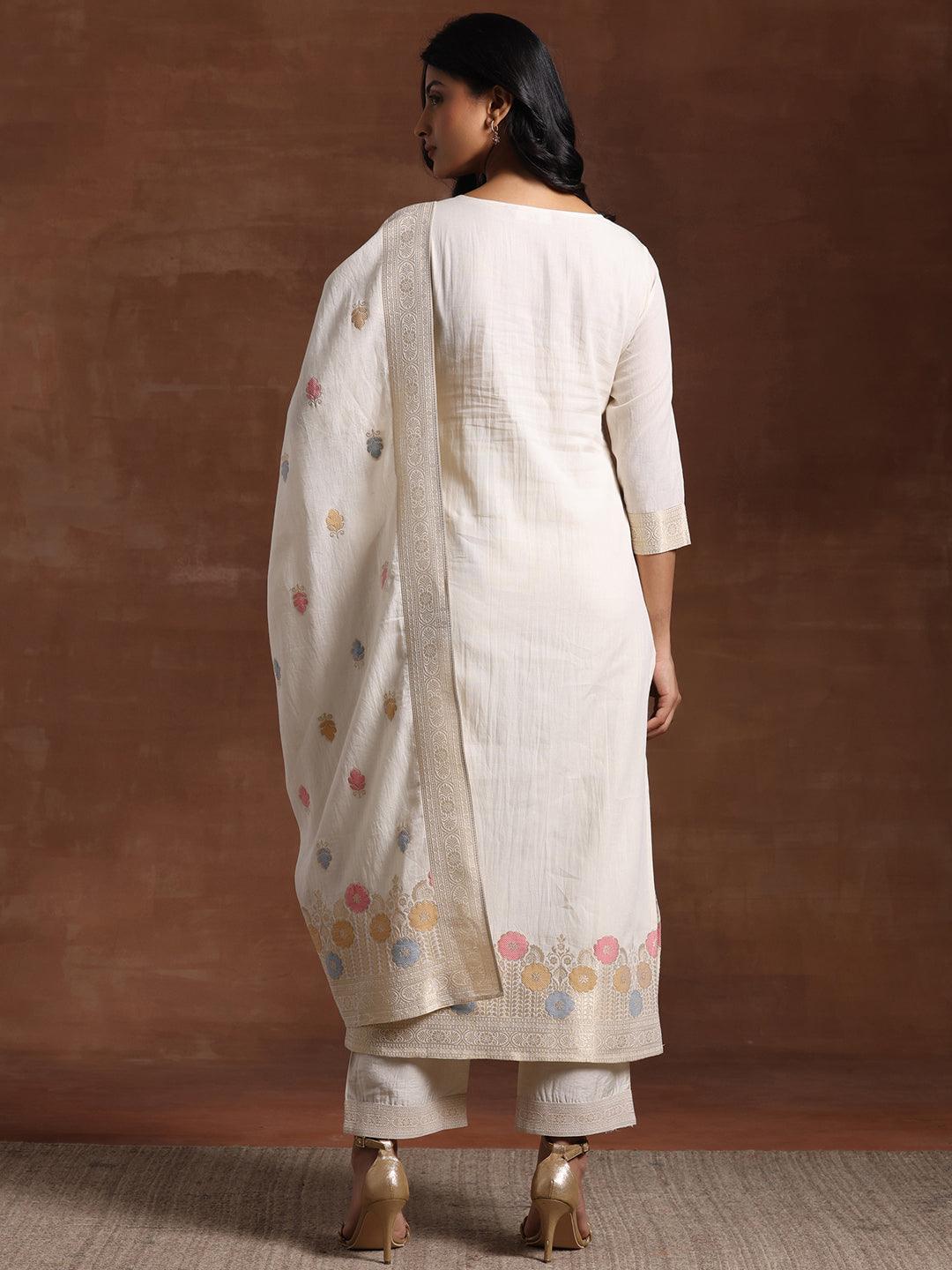 Off White Woven Design Cotton Straight Suit With Dupatta - Libas 