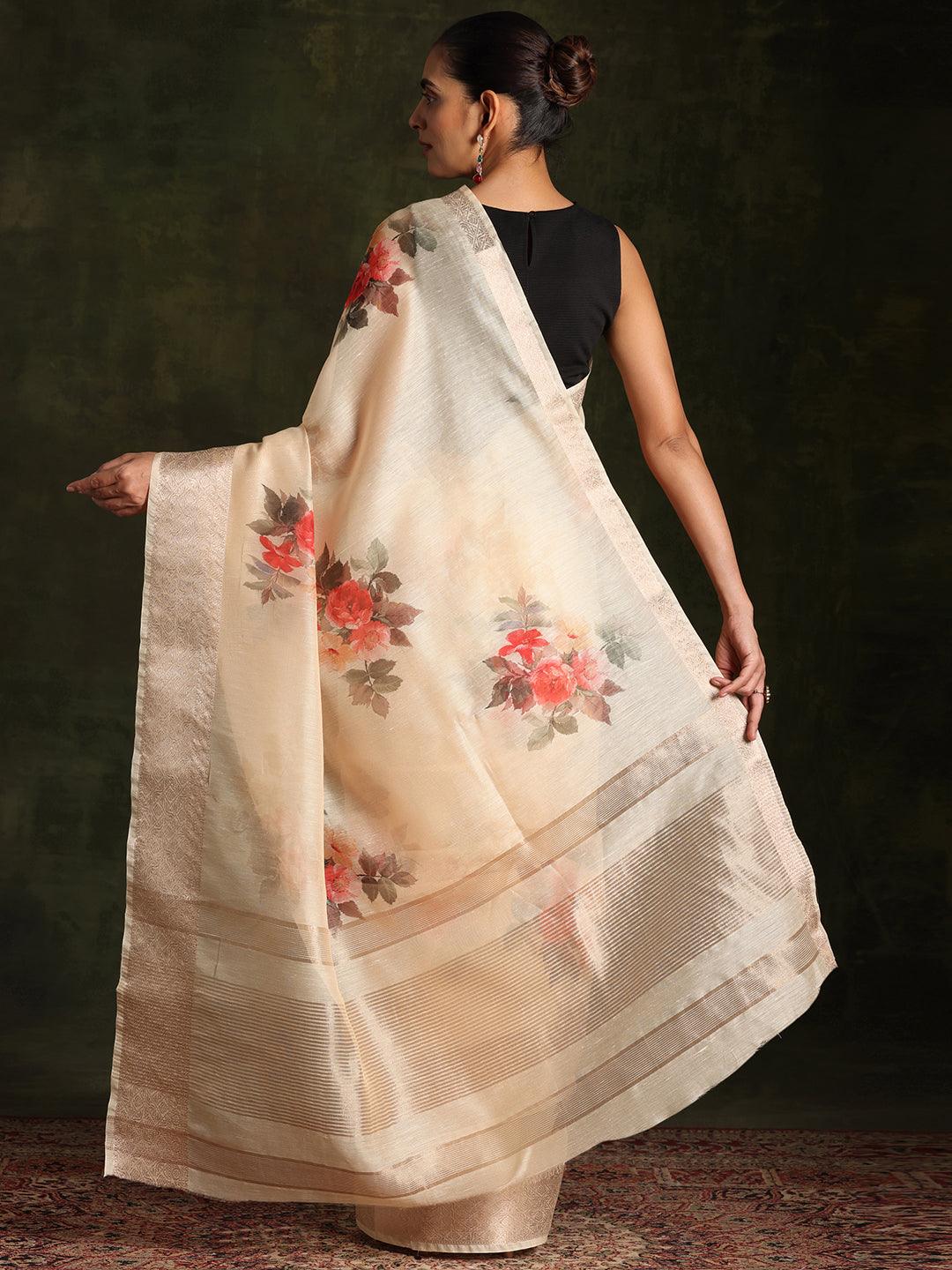 Yellow Printed Silk Blend Saree With Unstitched Blouse Piece - Libas