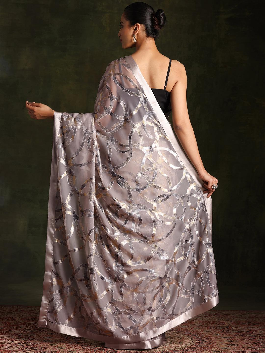 Grey Woven Design Brasso Saree With Unstitched Blouse Piece - Libas 