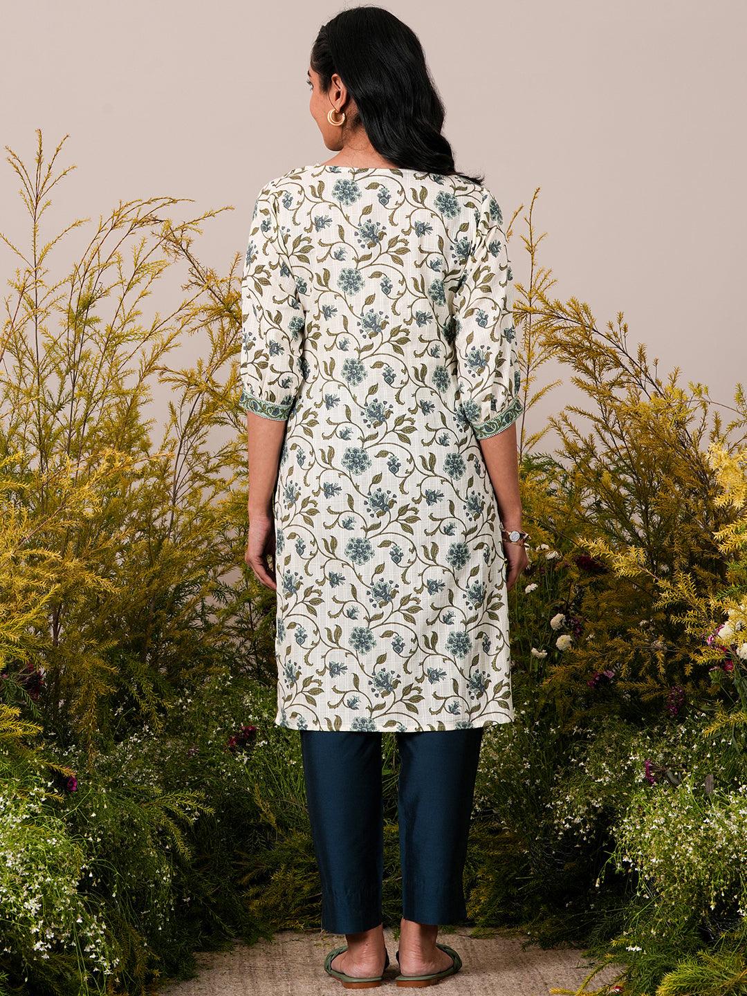 Beige Printed Cotton Straight Kurta - Libas 