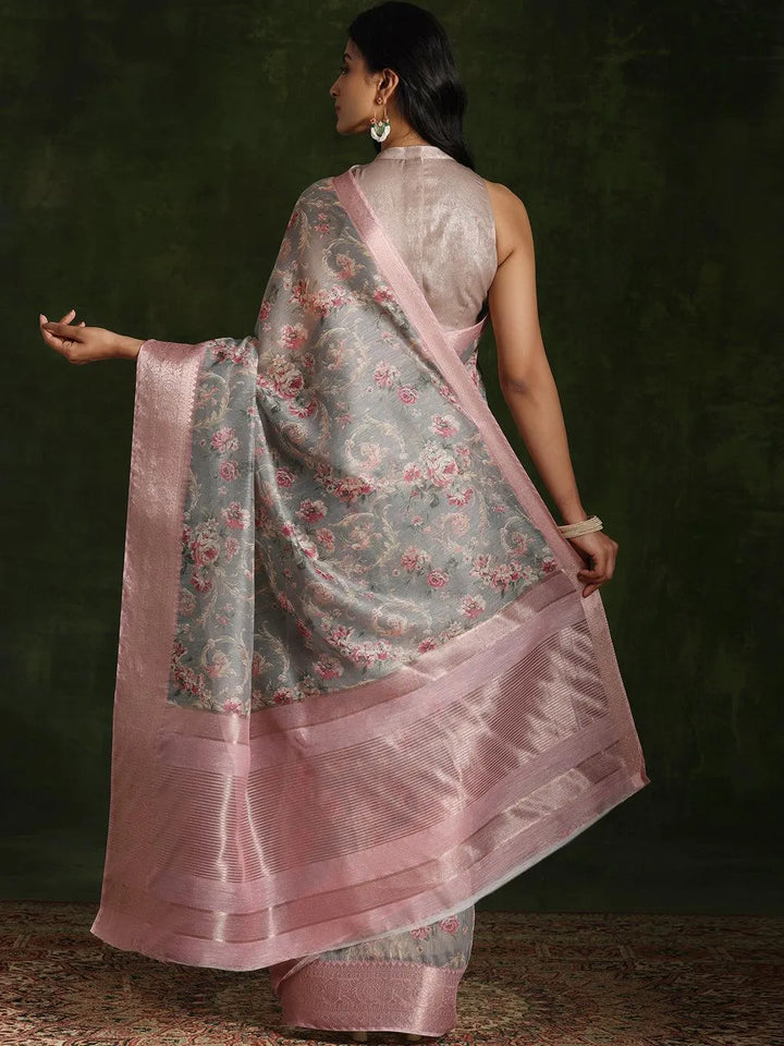 Grey Printed Silk Blend Saree With Unstitched Blouse Piece - Libas