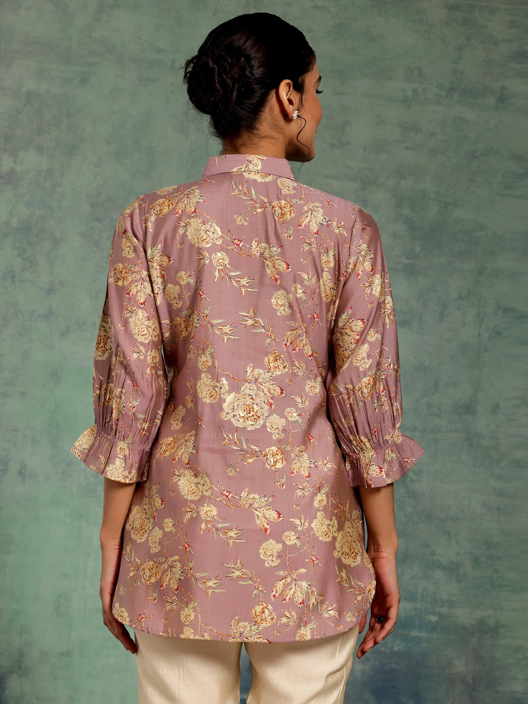 Mauve Printed Silk Blend Straight Kurti - Libas