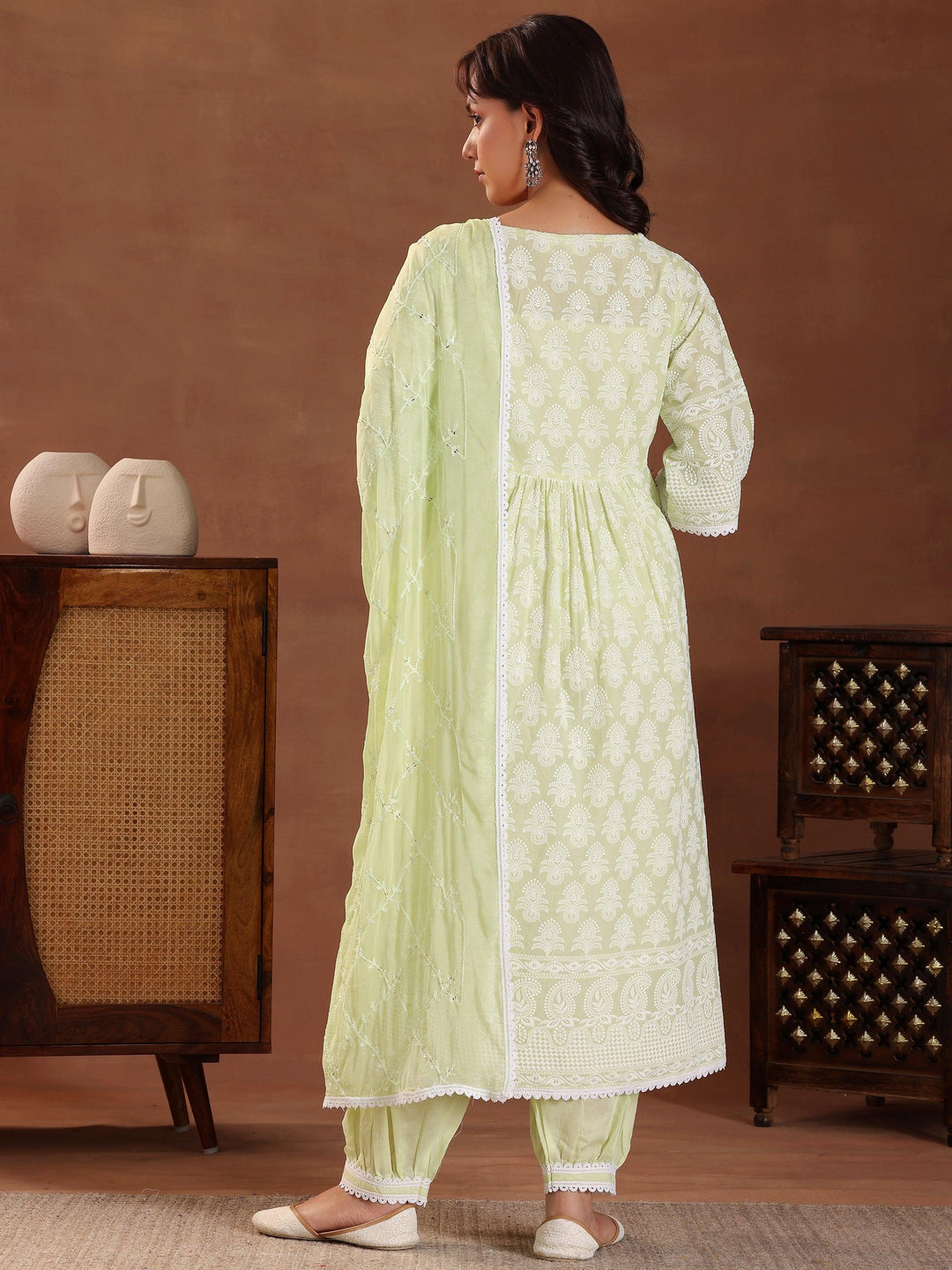 Green Embroidered Pure Cotton A-Line Kurta With Sharara & Dupatta - Libas 