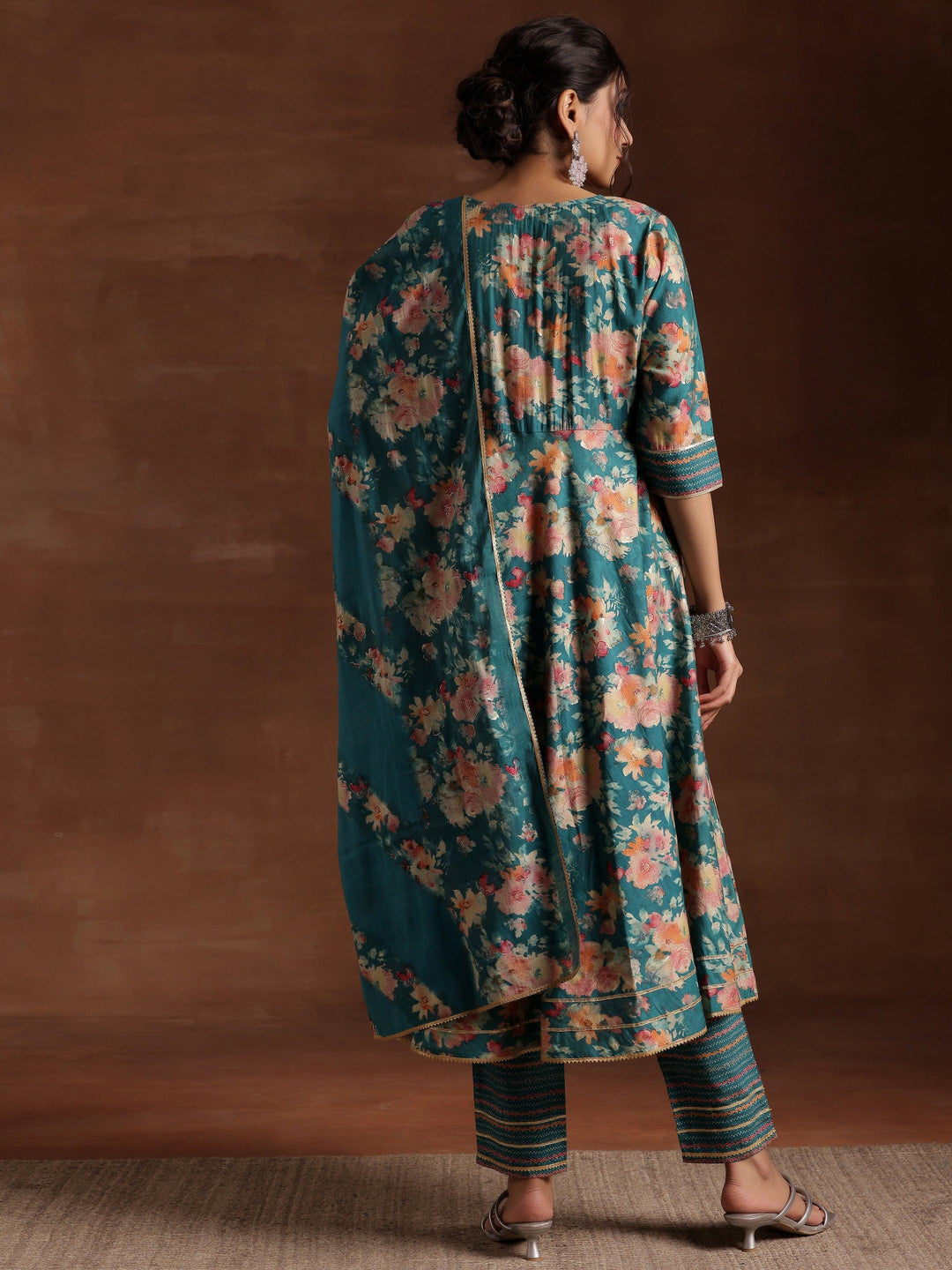 Blue Printed Silk Blend Anarkali Suit With Dupatta - Libas 