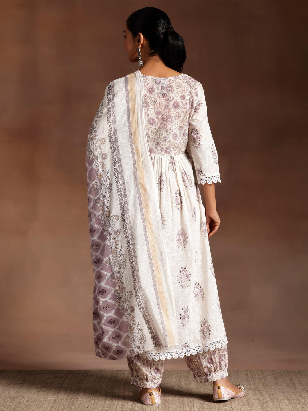 Jannat White Printed Cotton A-Line Kurta With Salwar & Dupatta - Libas 