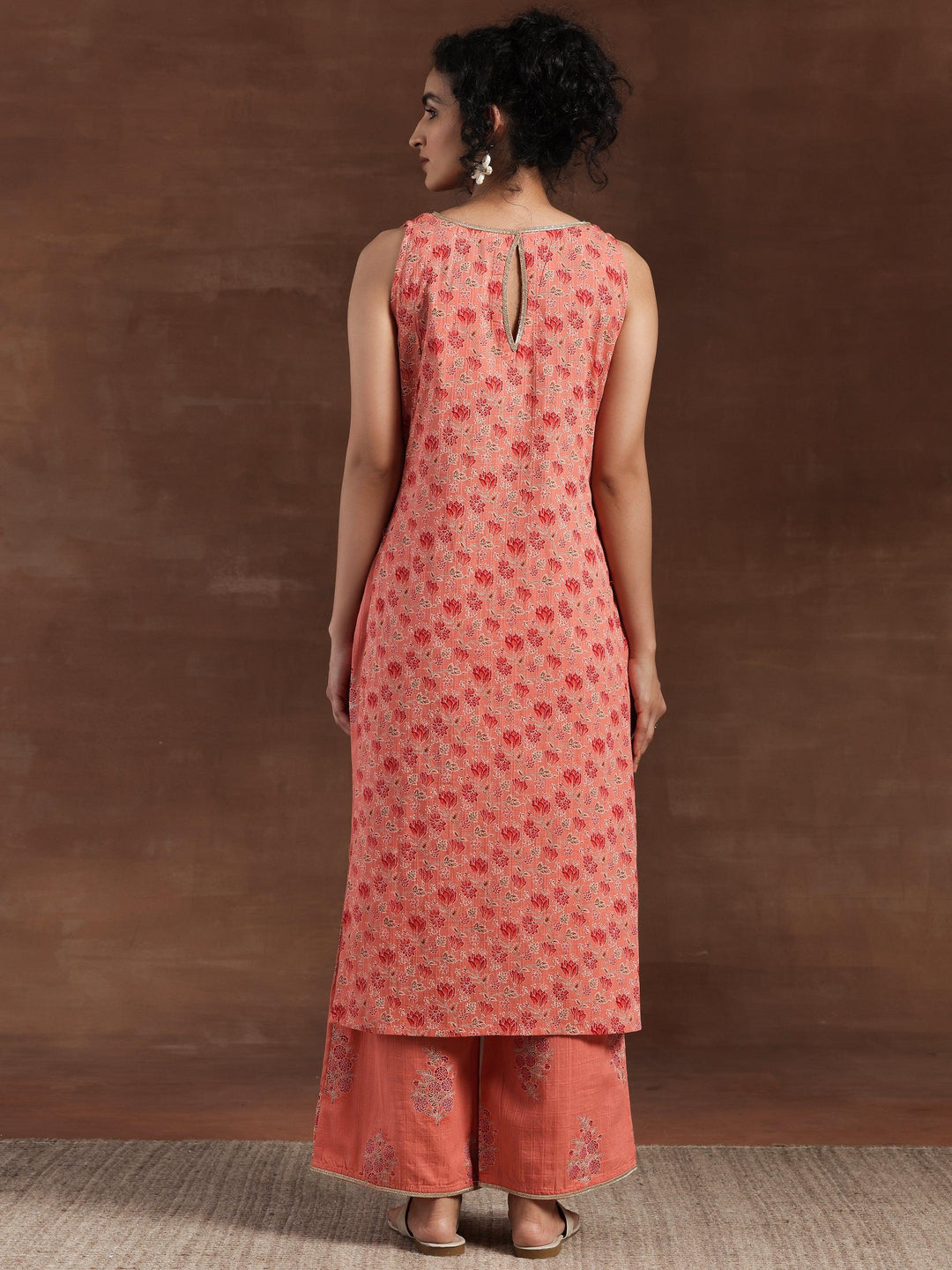 Peach Printed Cotton Straight Kurta Set - Libas 