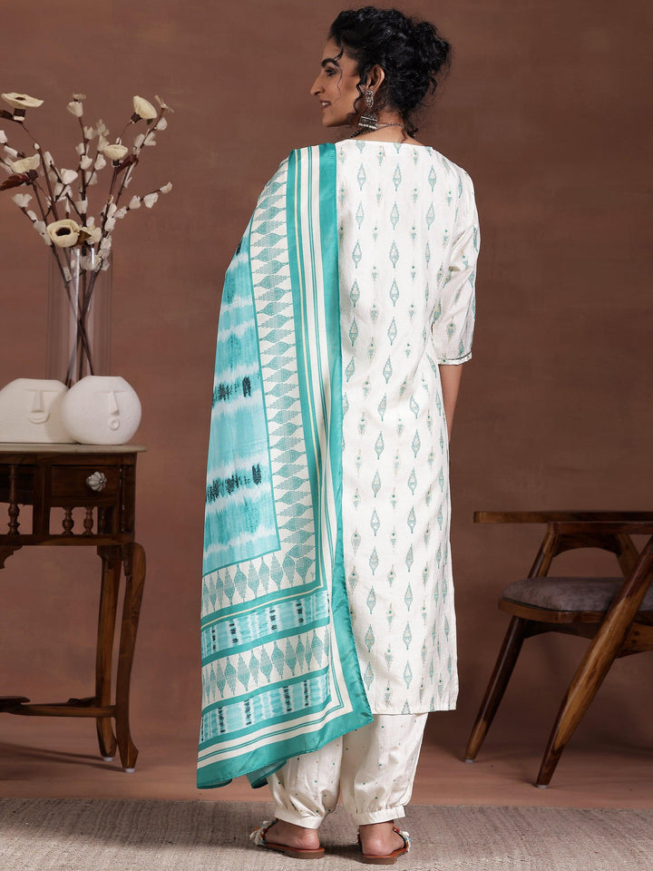 Off White Printed Silk Blend Straight Suit With Dupatta - Libas