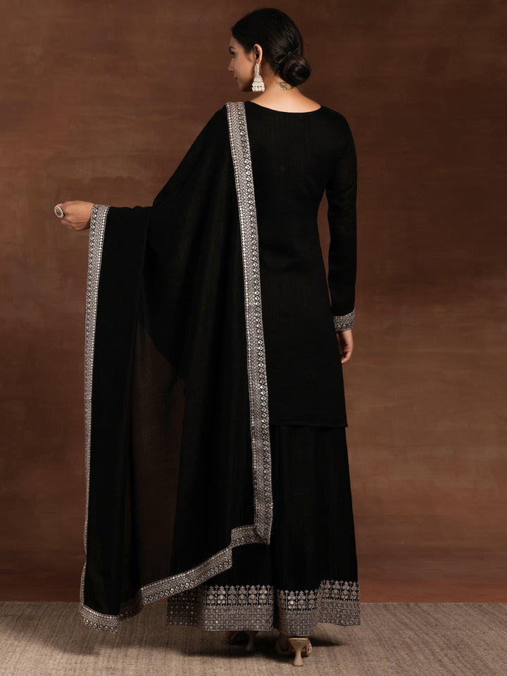 Black Embroidered Silk Blend Straight Suit With Dupatta - Libas