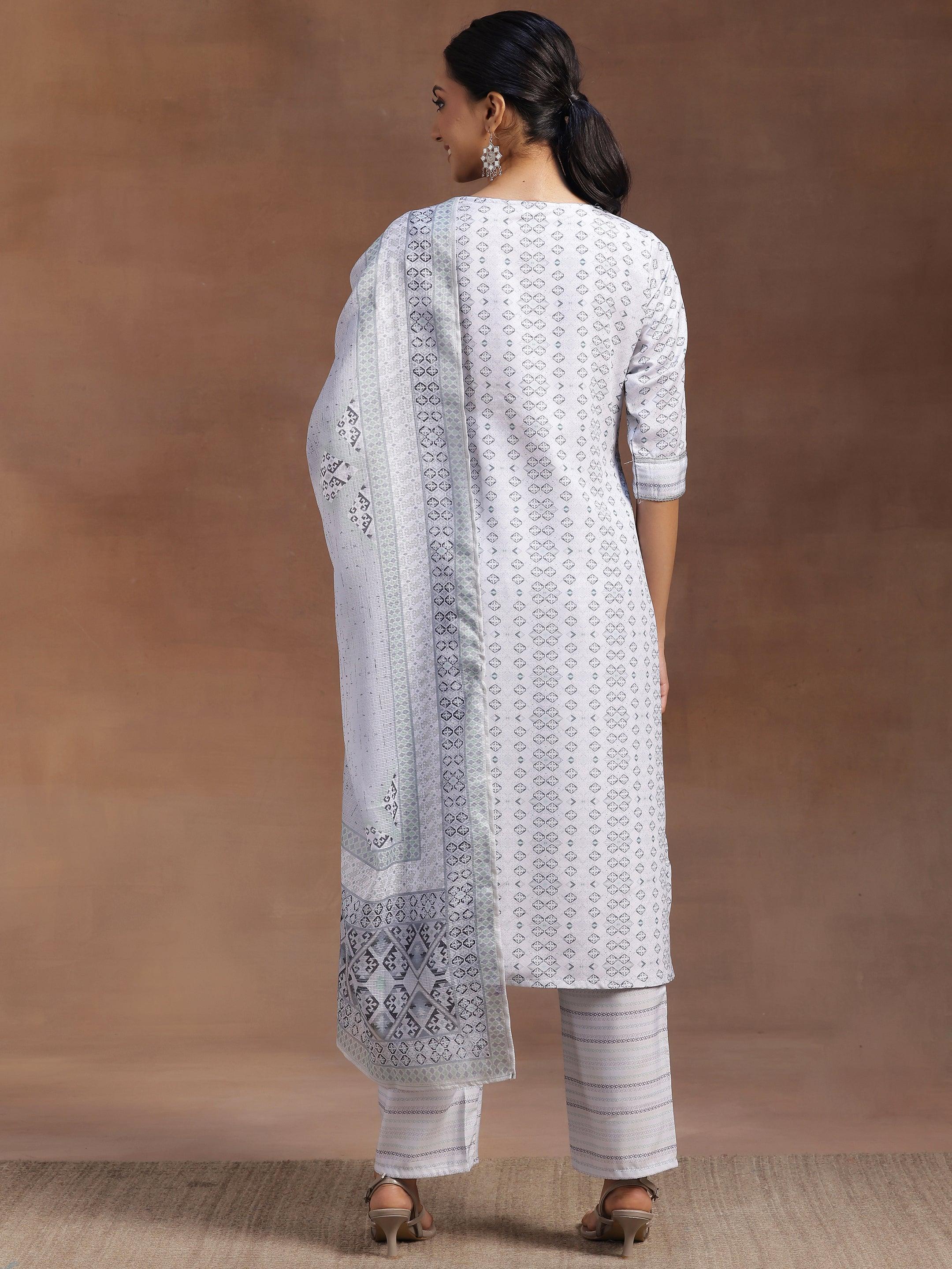 Grey Embroidered Cotton Blend Straight Suit With Dupatta
