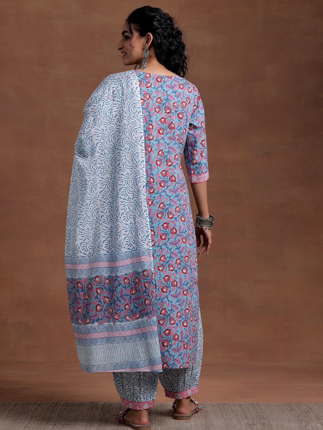 Blue Printed Cotton Straight Suit With Dupatta - Libas 