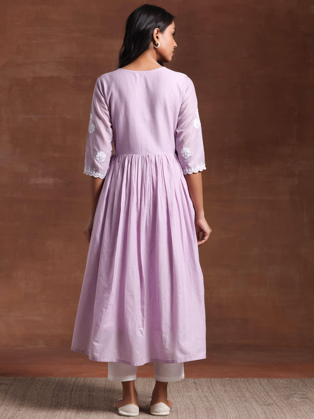 Lavender Embroidered Cotton A-Line Kurta - Libas 