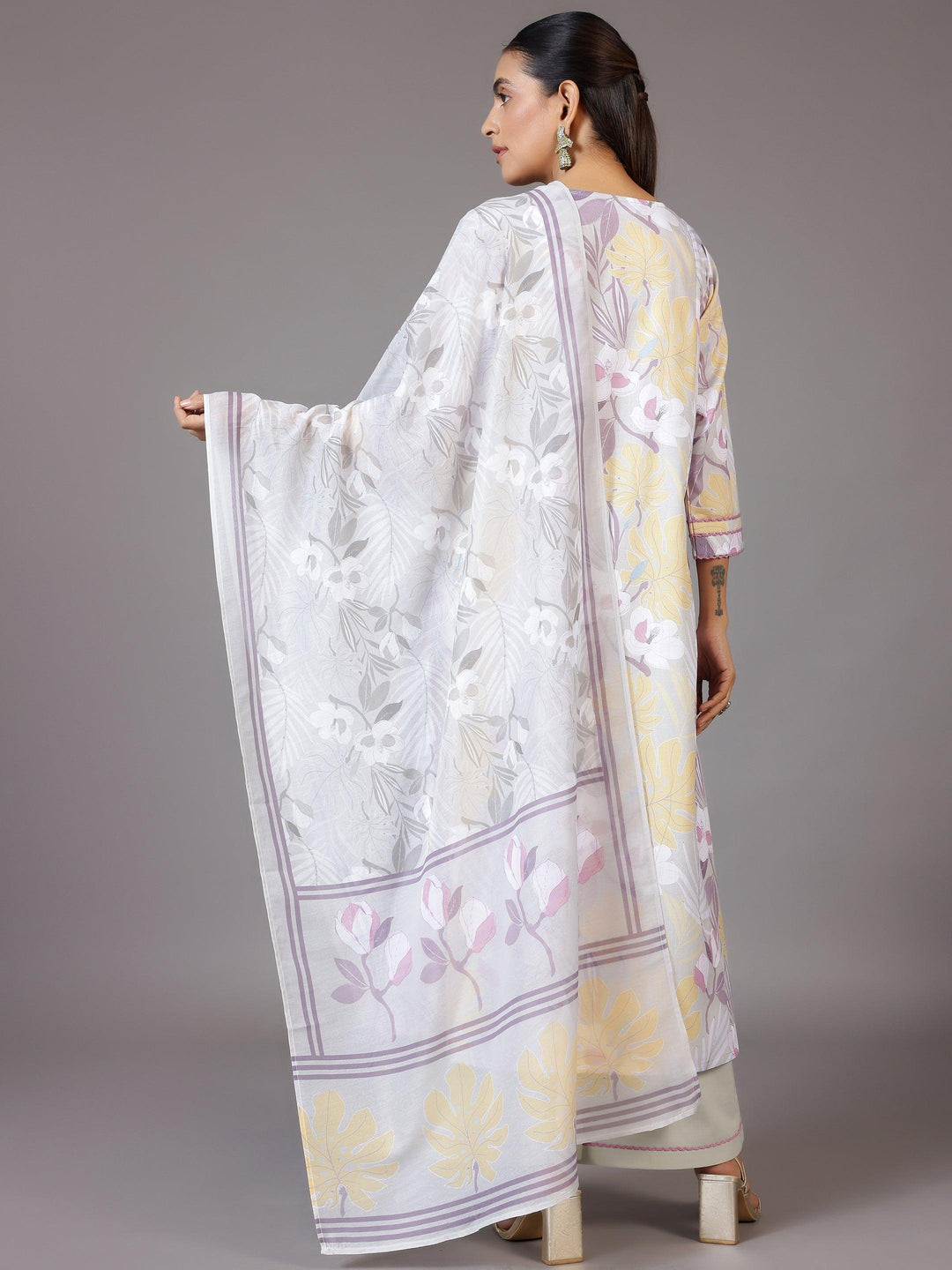 Grey Printed Cotton Blend A-Line Kurta With Palazzos & Dupatta - Libas