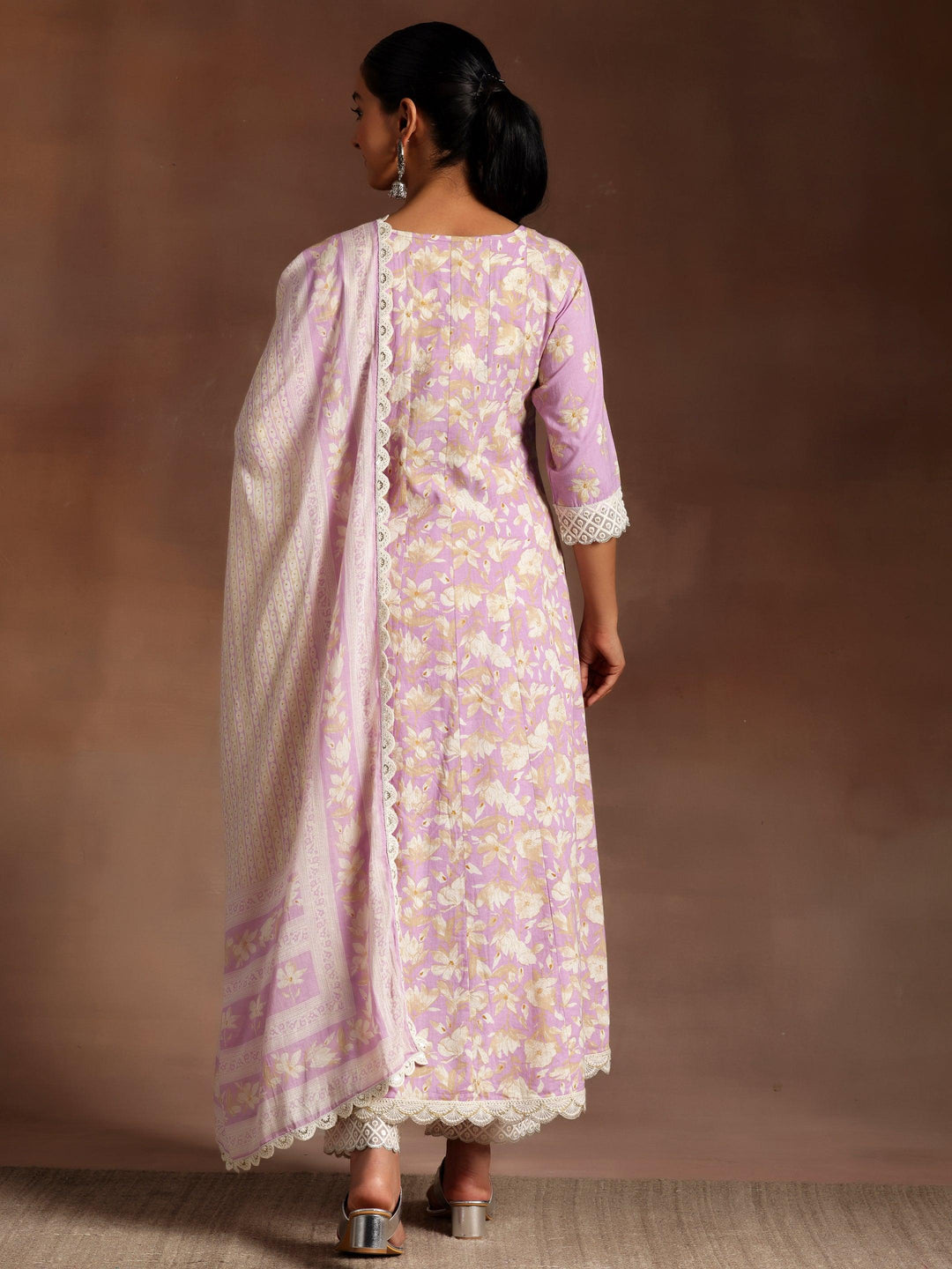 Dilbaro Purple Printed Cotton A-Line Kurta With Trousers & Dupatta - Libas 