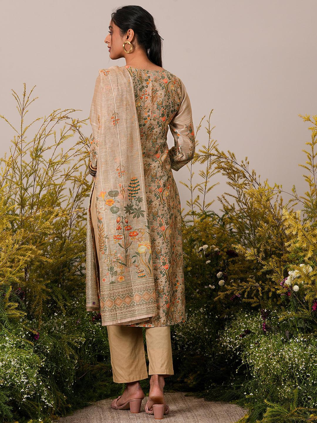 Tan Printed Chanderi Silk Straight Suit With Dupatta