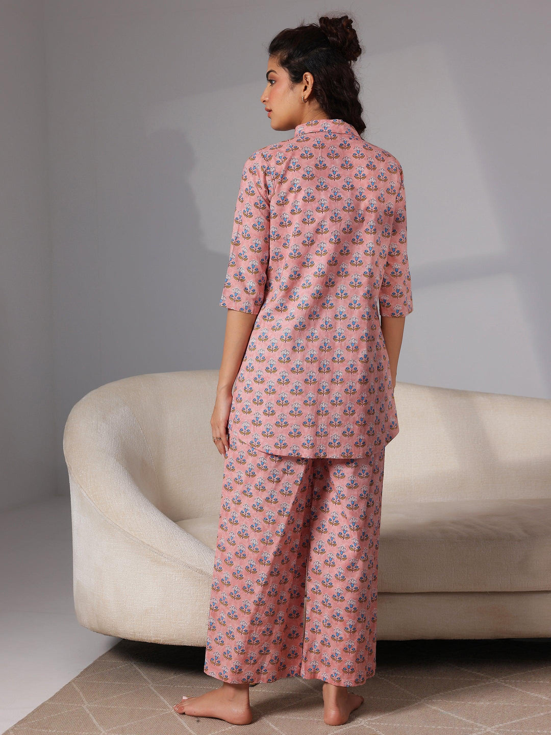 Peach Printed Cotton Night Suits - Libas 