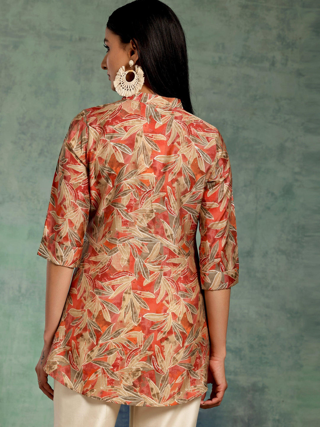 Beige Printed Silk Blend Straight Kurti - Libas 