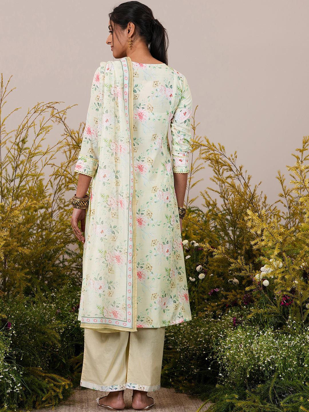 Yellow Printed Cotton Blend A-Line Kurta With Palazzos & Dupatta - Libas 