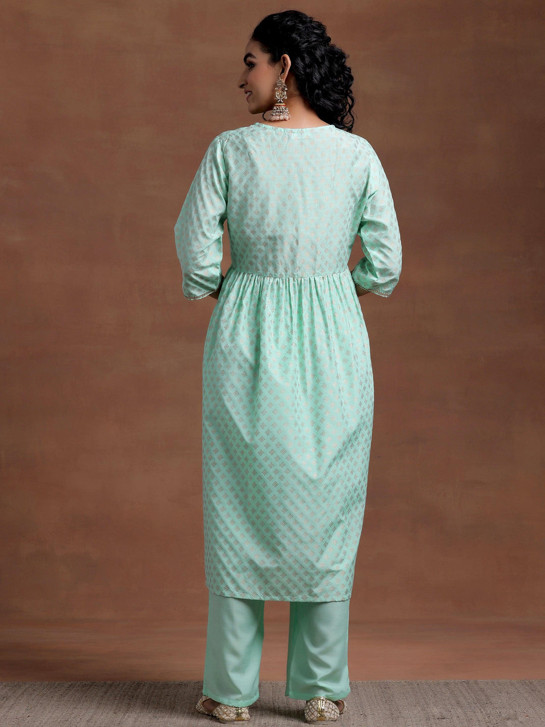 Green Woven Design Silk Blend A-Line Kurta With Trousers - Libas