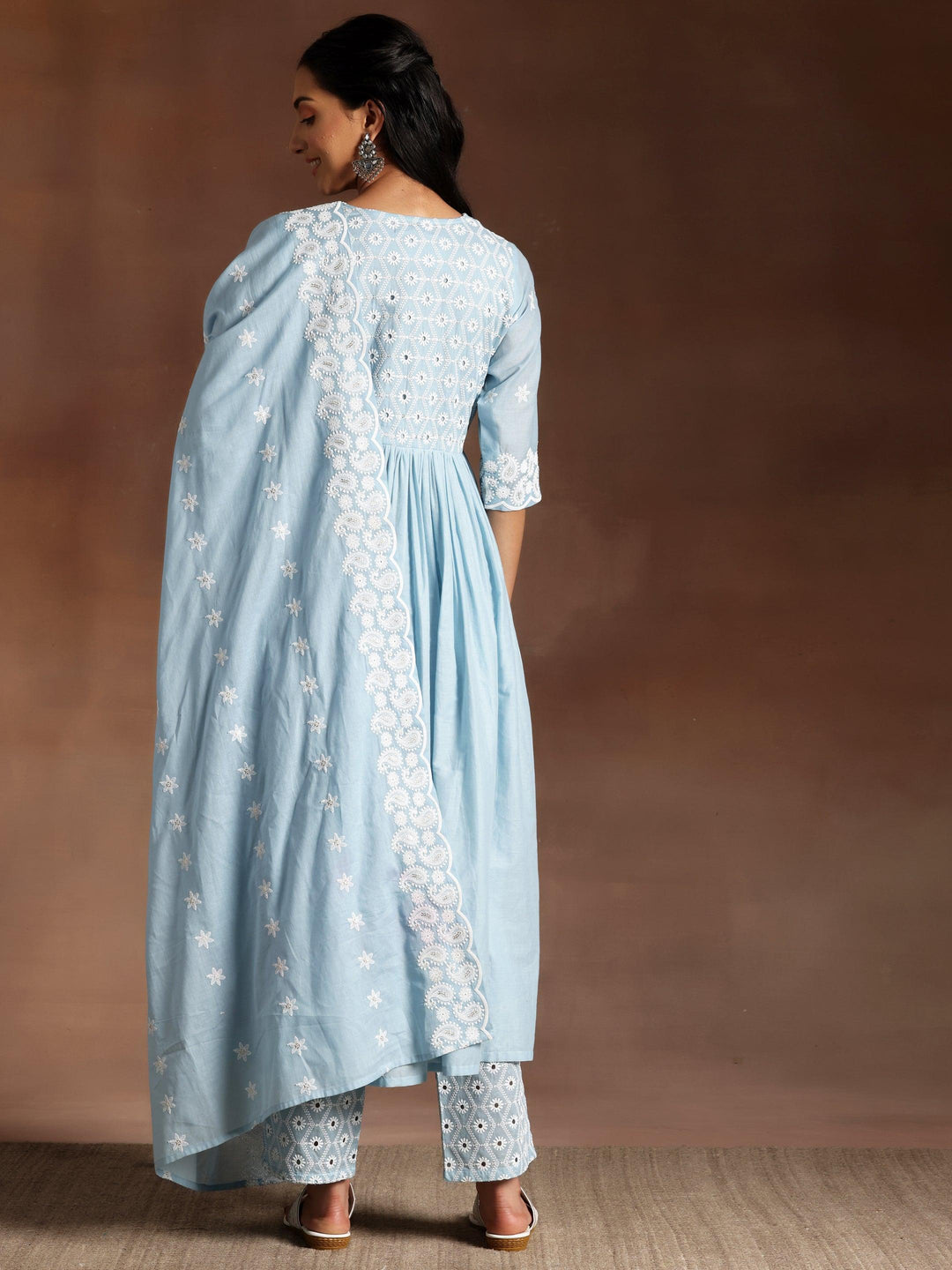 Blue Embroidered Cotton A-Line Kurta With Palazzos & Dupatta - Libas 