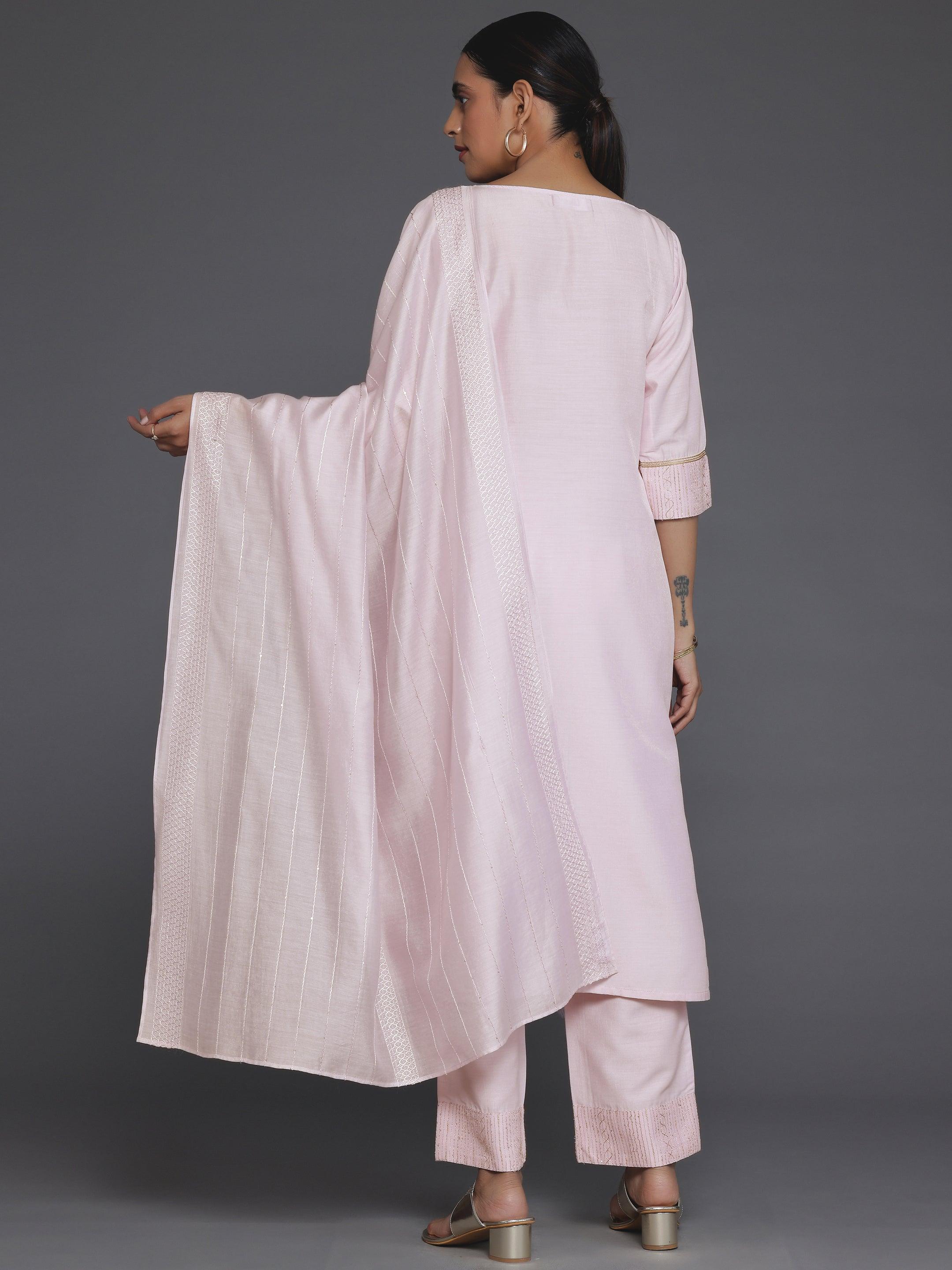 Pink Self Design Silk Blend Straight Suit With Dupatta
