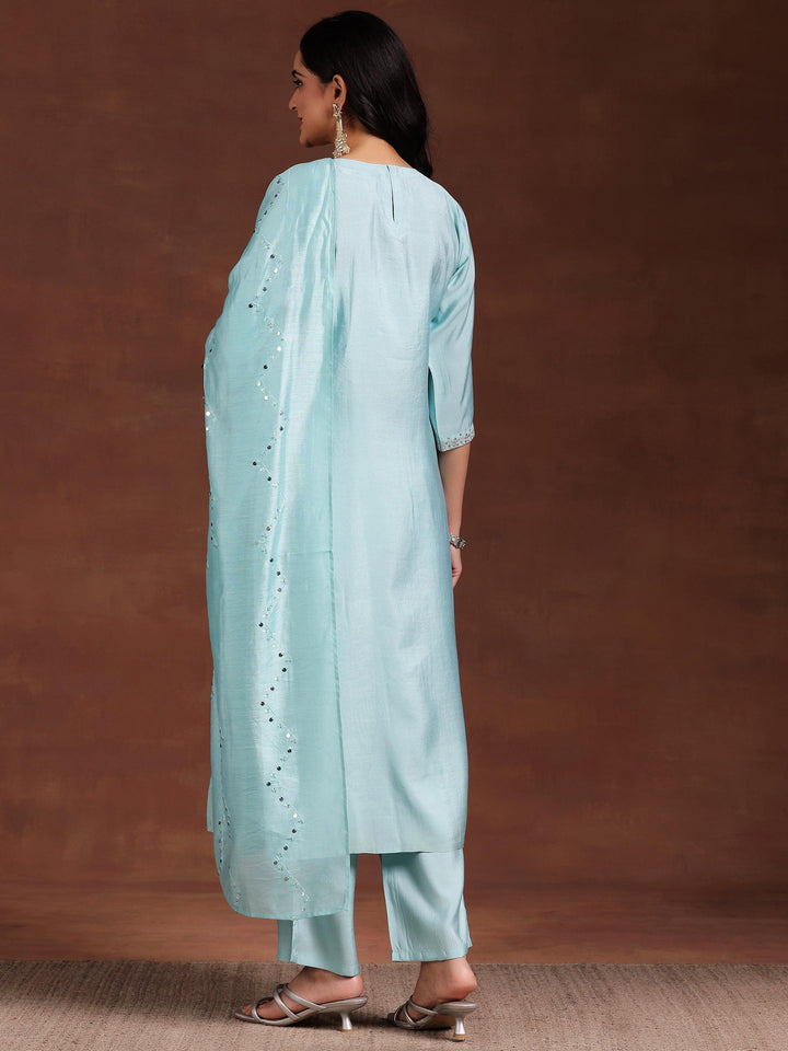 Blue Yoke Design Silk Blend Straight Suit With Dupatta - Libas