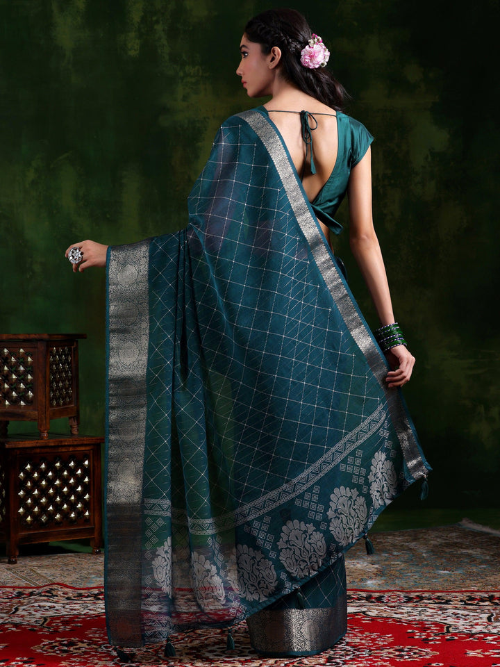 Blue Printed Silk Blend Saree With Unstitched Blouse Piece - Libas