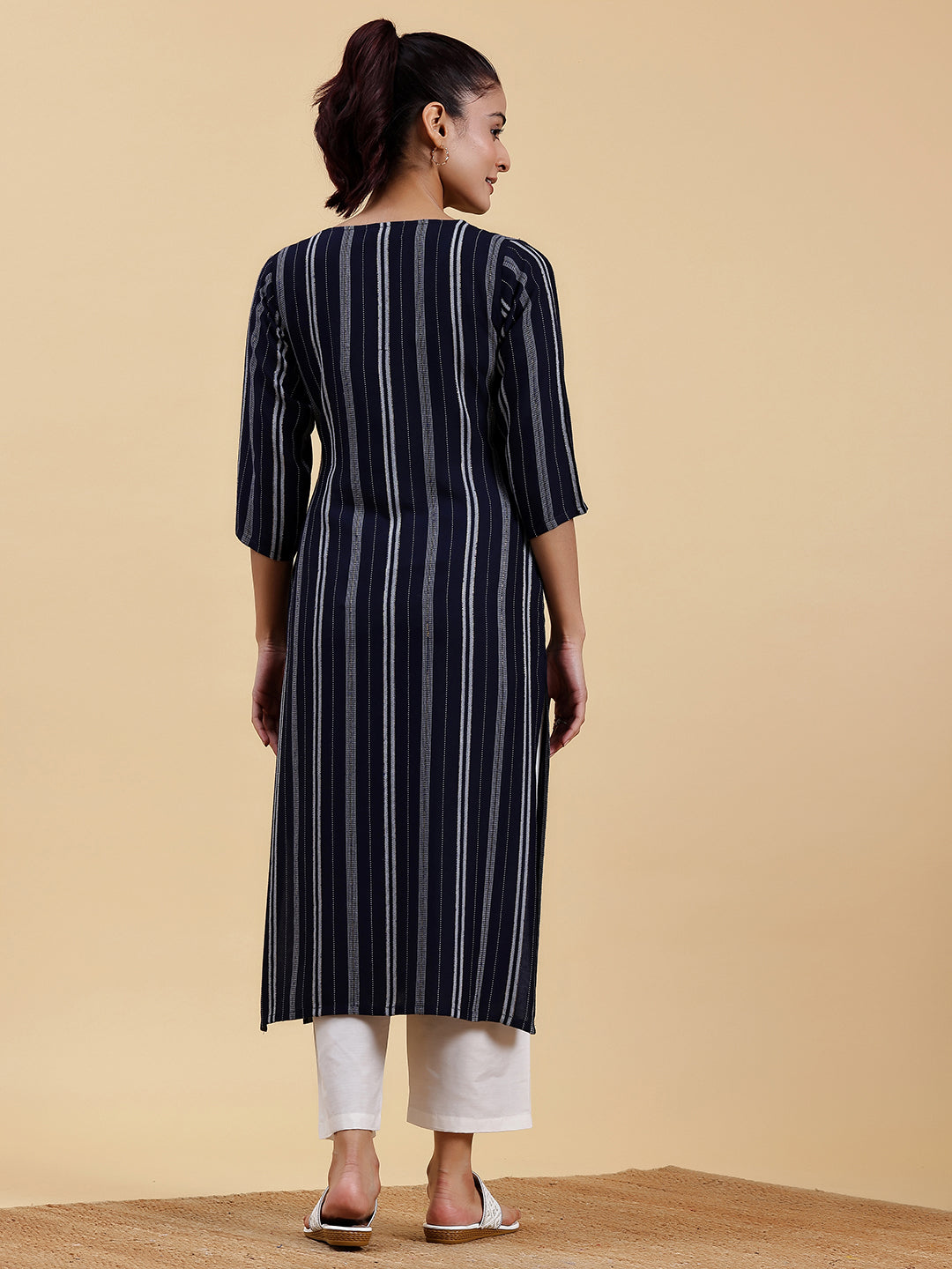  Navy Blue Woven Design Rayon Straight Kurta 