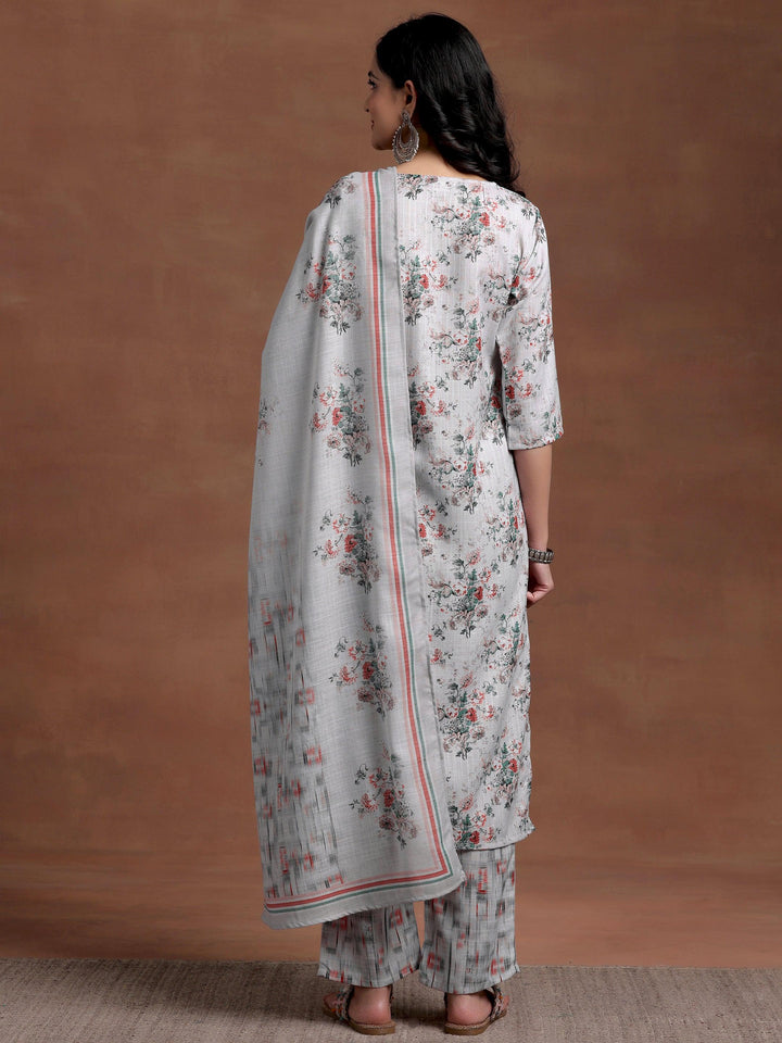 Grey Printed Cotton Straight Suit With Dupatta - Libas