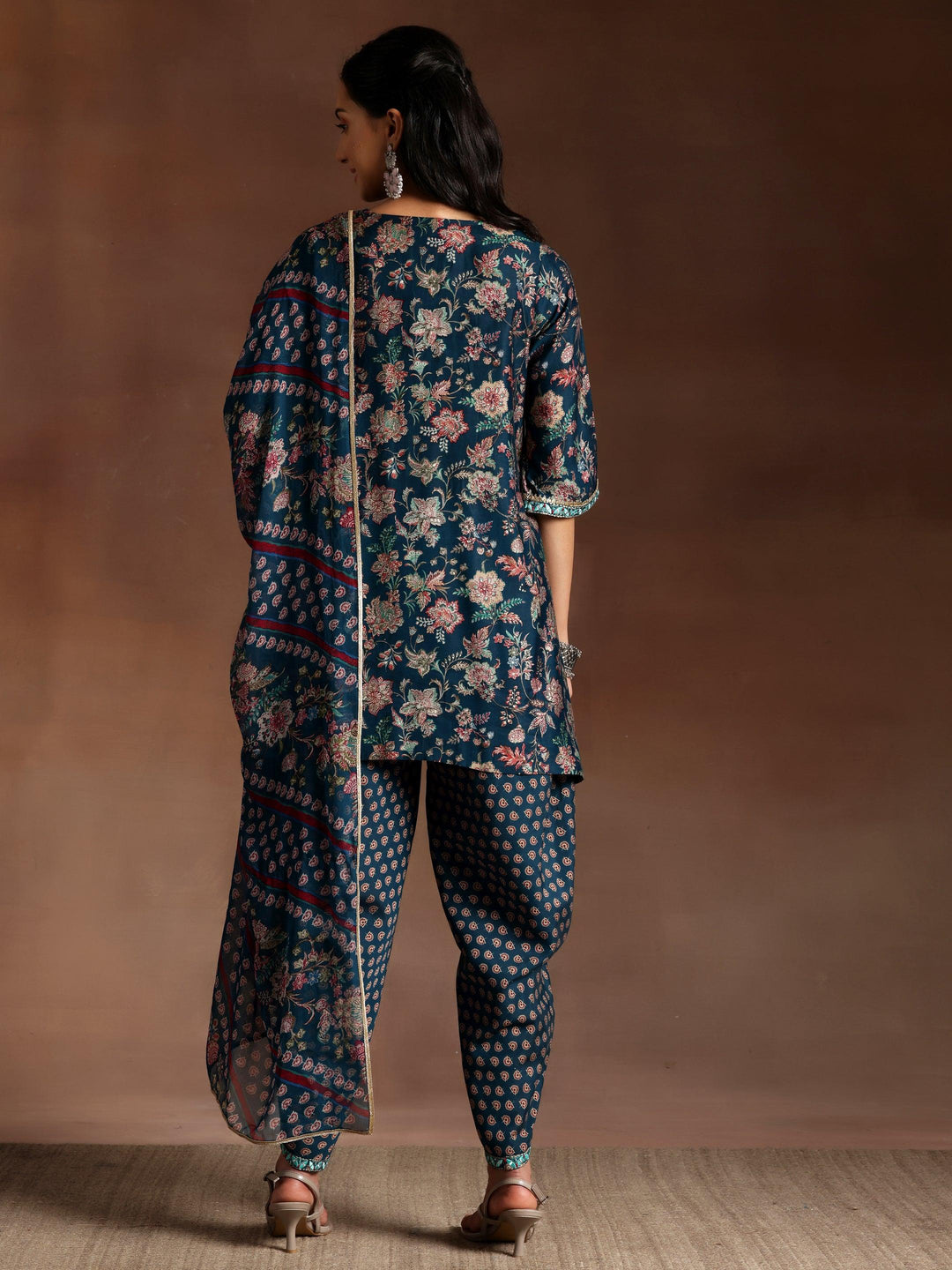 Blue Printed Silk Blend Straight Suit With Dupatta - Libas 