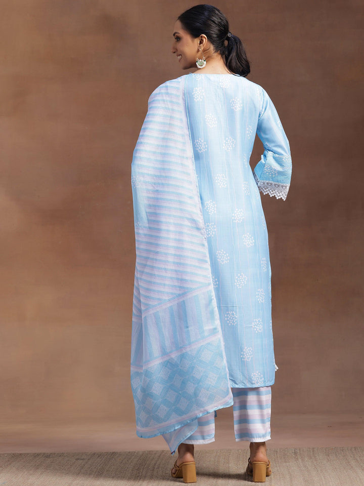 Blue Embroidered Cotton Blend Straight Suit With Dupatta - Libas