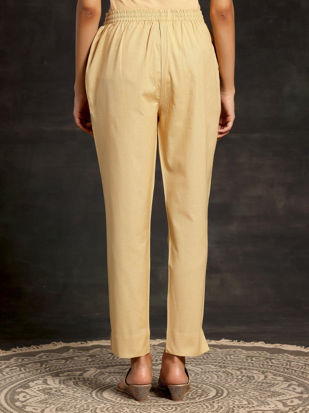 Cream Solid Cotton Straight Fit Trousers - Libas 