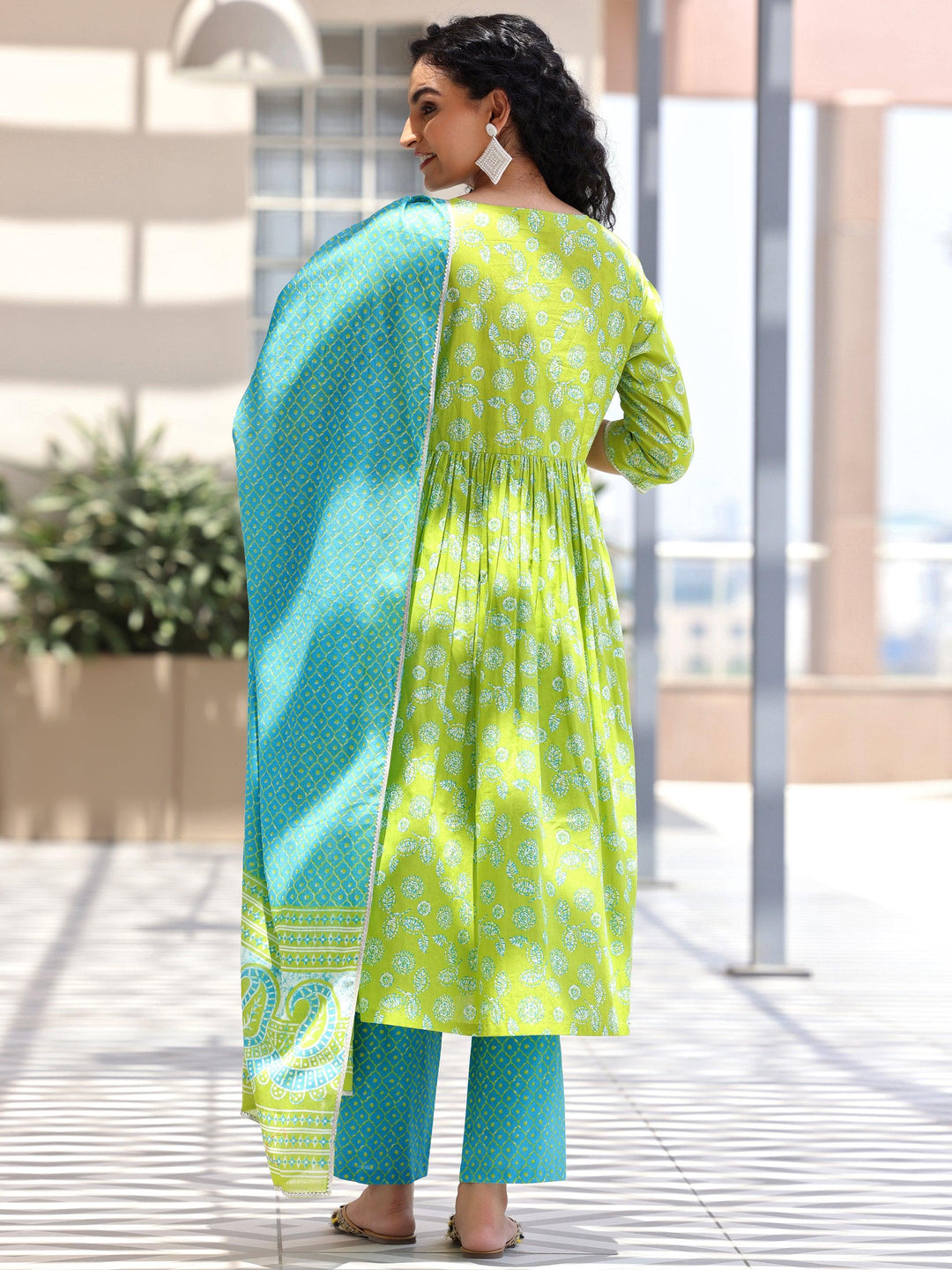 Green Printed Cotton A-Line Kurta With Palazzos & Dupatta - Libas 