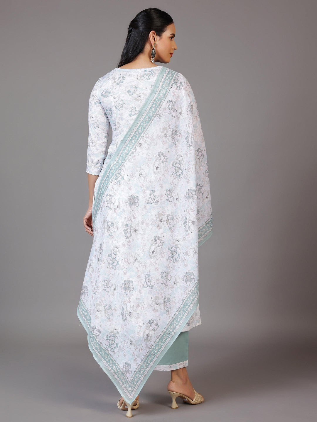 Off White Printed Cotton Blend A-Line Kurta With Palazzos & Dupatta - Libas