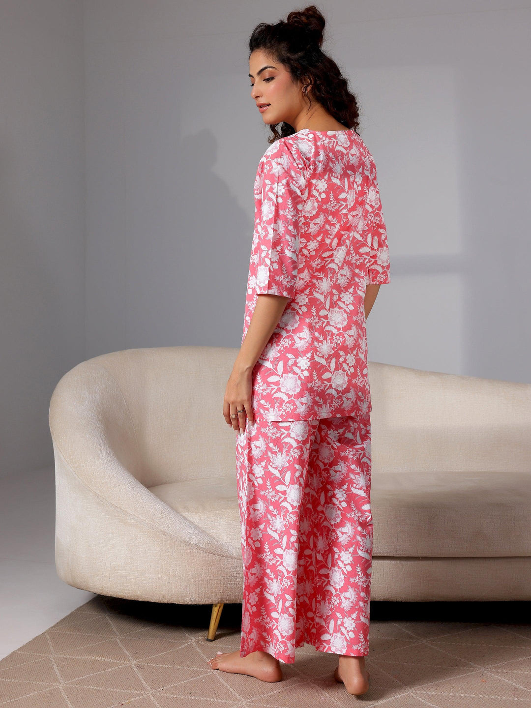 Peach Printed Cotton Night Suits - Libas