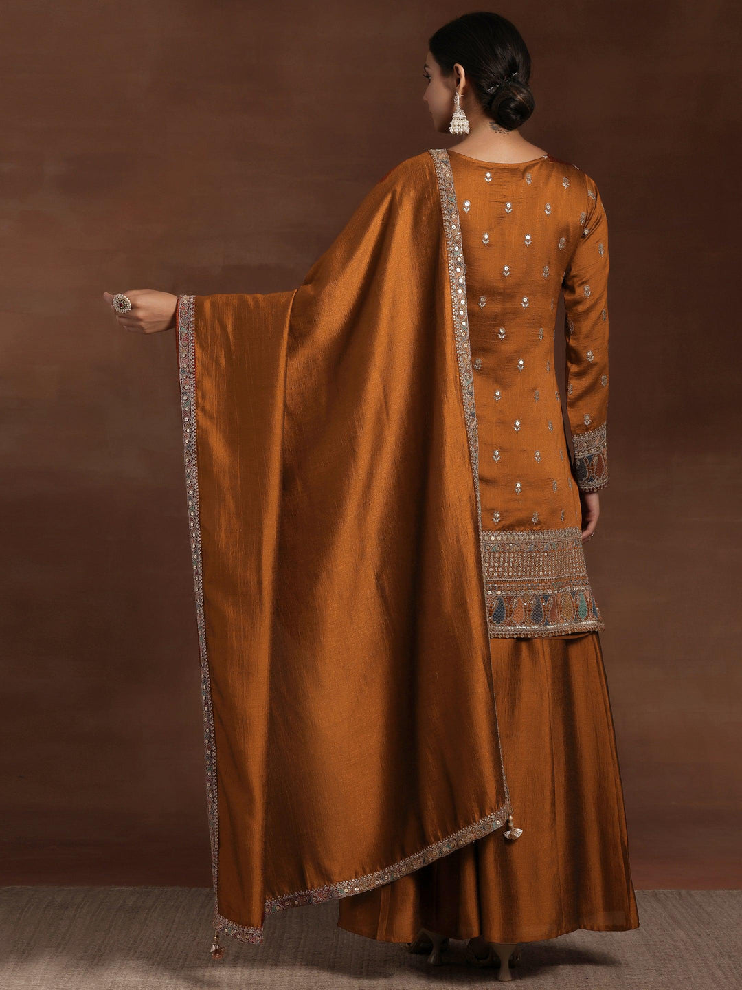 Rust Embroidered Silk Blend Straight Kurta With Palazzos & Dupatta - Libas 