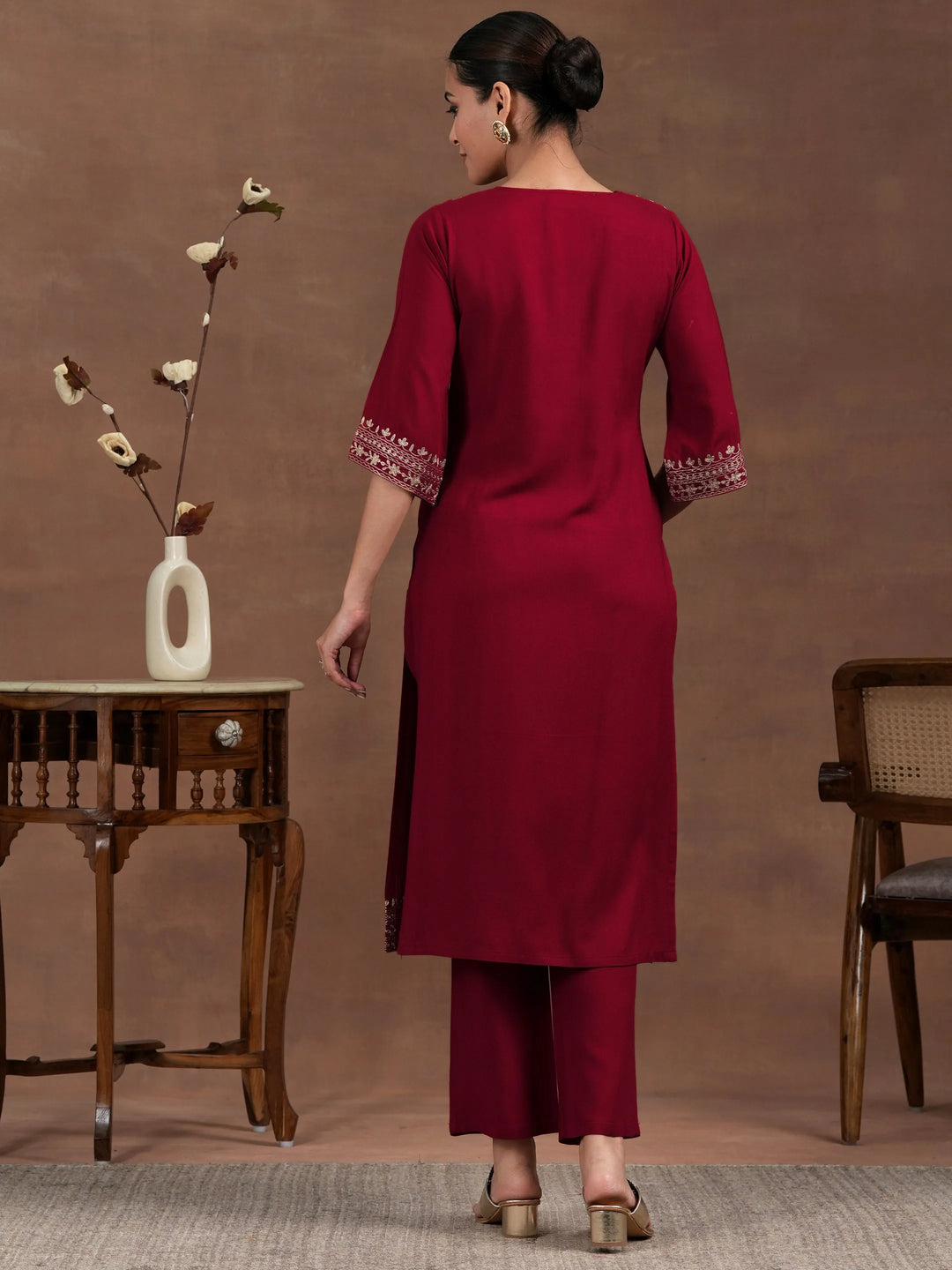  Red Embroidered Rayon Straight Kurta Set 