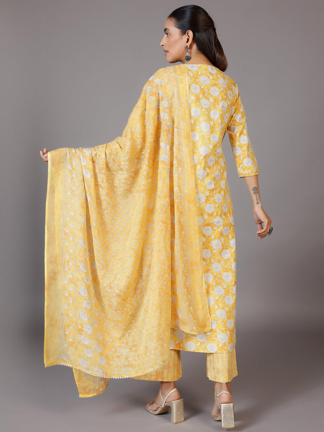 Yellow Printed Cotton Straight Suit With Dupatta - Libas 