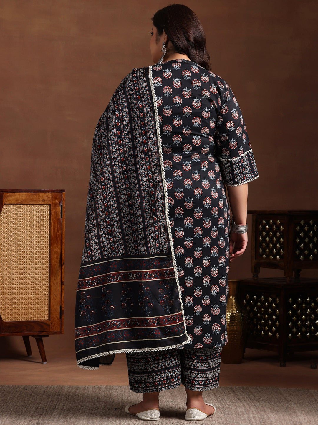 Plus Size Black Printed Cotton Straight Suit With Dupatta - Libas 