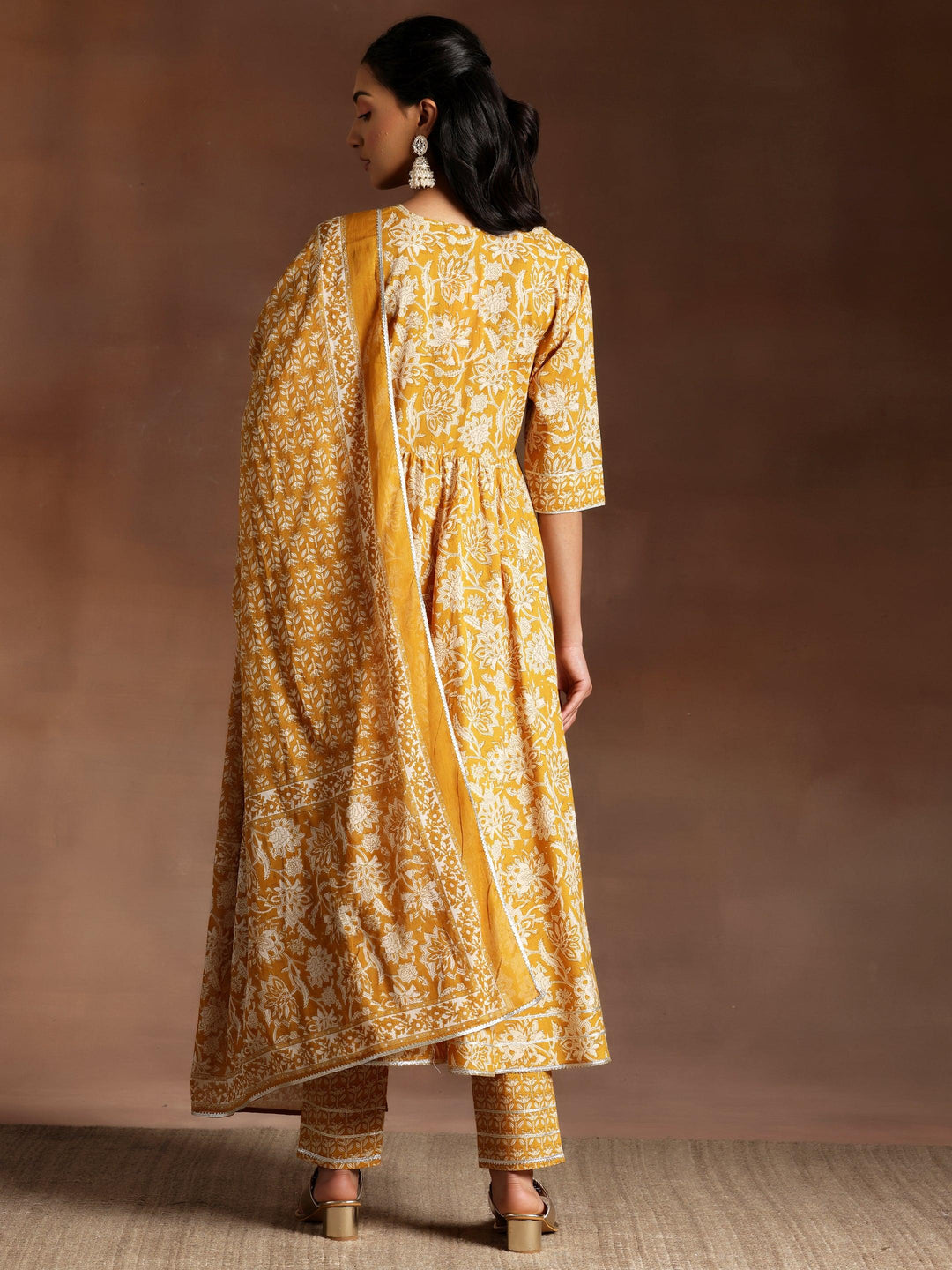 Mustard Printed Cotton Anarkali Suit With Dupatta - Libas 