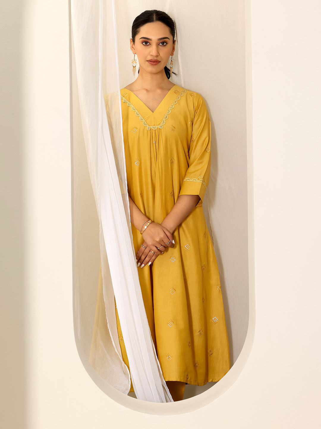  Yellow Embroidered Silk Blend A-Line Kurta Set 